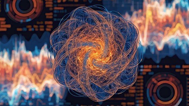 Focused view of crossasset anomaly detection on hightech AI market monitoring screen showing dynamic risk score patterns against outoffocus charts.