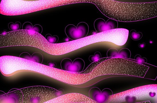 Pink and gold wavy pattern set against a dark contrasting background with glowing hearts
