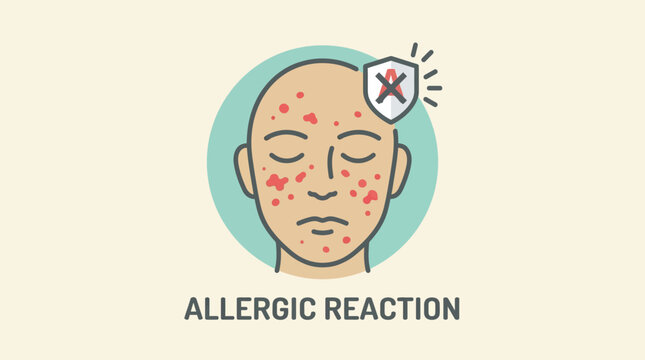 Simple human face icon with skin rash spots and allergy symbol, allergic reaction concept, medical flat vector design