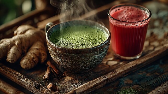 Vibrant beet juice glass with steaming green tea antioxidant images illustrator