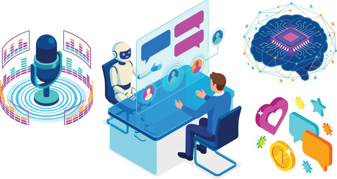 Isometric artificial intelligence illustration set featuring ai robot assistant voice recognition machine learning and chat elements