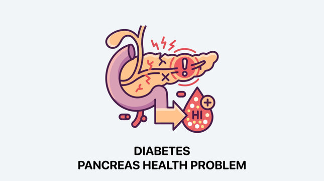 Simple pancreas anatomy icon with health problem indicator, diabetes concept, medical flat icon style