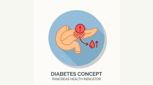 Simple pancreas anatomy icon with health problem indicator, diabetes concept, medical flat icon style
