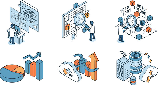 Isometric big data analytics illustration set featuring cloud storage computer network database processing server and infrastructure elements