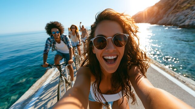 Cycling friends capture happy moments on scenic coastal path with ocean view