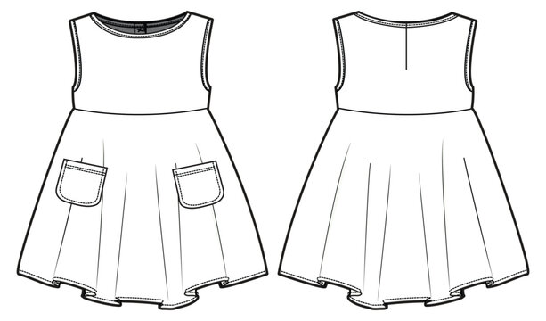 Girl's sleeveless baby doll dress design flat sketch fashion illustration vector template with front and back view,  Toddler baby girl frock dress with pockets cad drawing