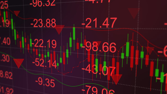 Stock market crash with red downtrend chart showing financial crisis, exchange loss, trading graph analysis, investment indicator decline, and business