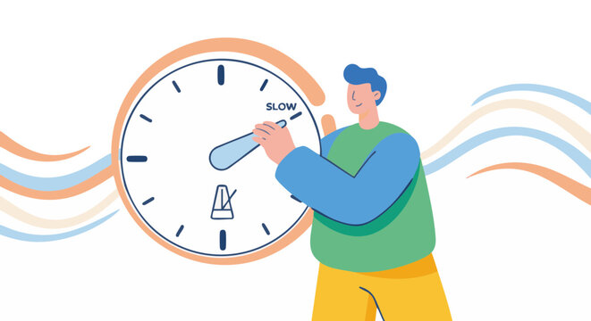 Modern Bright Vector Illustration Of Person Adjusting Large Dial Or Metronome To A Slower Pace On White Background For Restoring Balance, Healthy Routine, Slow Living And Rhythm Control Concept