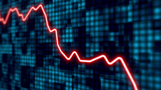 Illustrated concept of glowing red line graph decreasing at stock market crash, financial crisis, economic recession, and rapid investment decline visualization