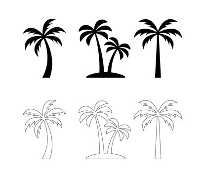 Palm Tree Set vector, black and white beach trees, tropical palm trees silhouette collection, coconut trees png