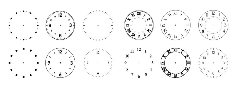 Clock Face or clock dials Vector Set with Numbers and Roman Numerals  Classic Timepiece Collection Vector for Watch Clock and Time Tracking Concepts