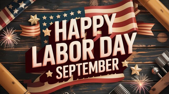 Happy labor day september celebration with american flag and tools on wooden background with fireworks