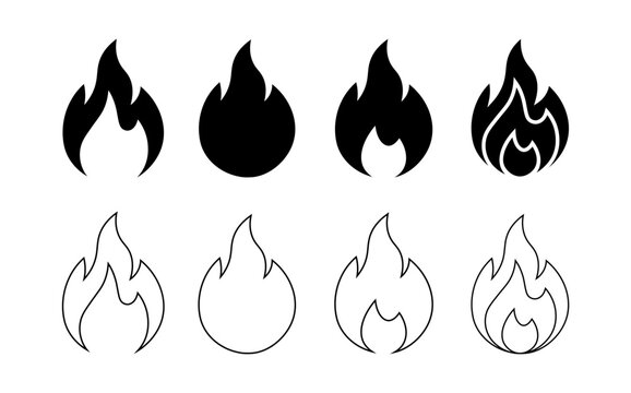 Fire Flame Icon Set Vector  Solid and Outline Heat Symbols collection