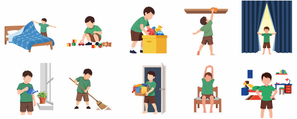 Fototapeta premium Set of illustrations showing a little boy doing daily chores, cleaning his room, and morning routine at home