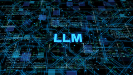 Large language model artificial intelligence concept showing deep learning neural network data processing, natural language understanding, and generative AI technology interface © JOJO.FN&CO.COM