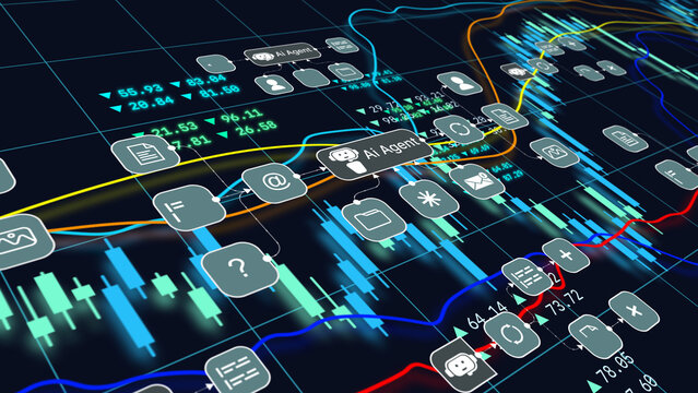 AI agent artificial intelligence stock market analysis smart trading strategy, financial investment, business growth portfolio, and futuristic automated economic concept