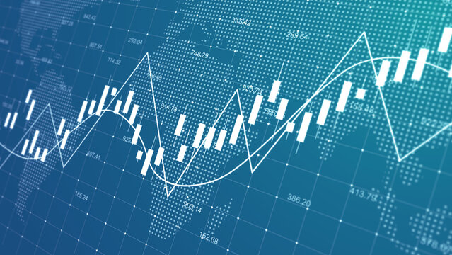 Graph chart of stock market investment trading concept, financial chart with uptrend line graph and world map