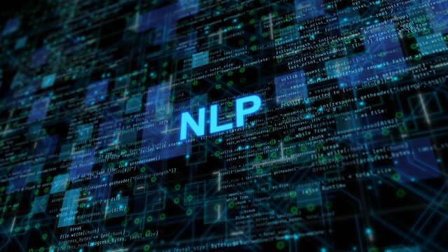 Natural language processing concept showing artificial intelligence text analysis, speech recognition, machine learning algorithm, and deep learning communication technology interface