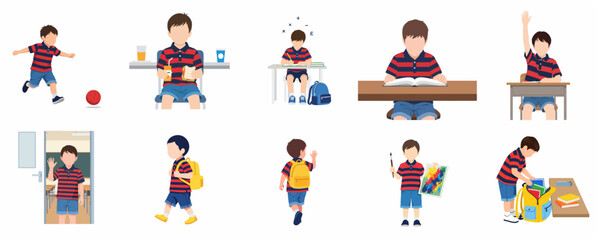 Fototapeta premium Schoolboy Daily Routine Activities Set, Flat Character Illustration for Education, Learning, and Play