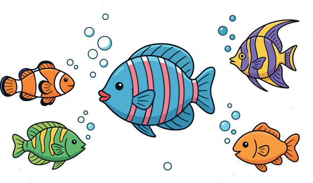 Colorful Tropical Sea Fish Vector Set with Cute Cartoon Clownfish Angelfish and Aquarium Animals for Kids Underwater Designs