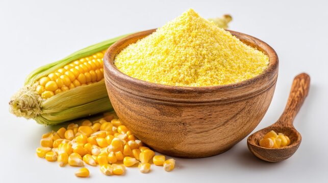Yellow cornmeal in wooden bowl with fresh corn on cob.