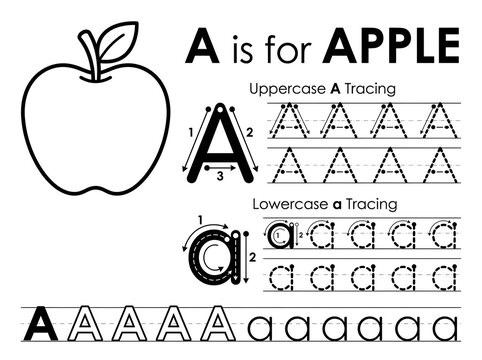 Educational worksheet for children featuring the letter a, an apple and tracing guides for writing practice