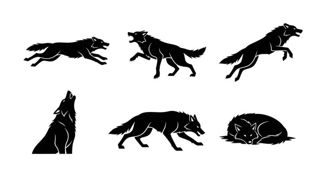 Detailed black silhouette set of wolves showing aggressive movement, jumping and sleeping poses