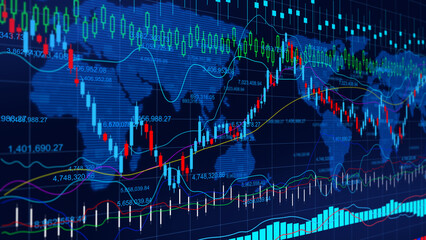 Global world stock market exchange trading financial growth strategy, economic volatility analysis, business investment, candlestick chart, and futuristic cyberspace wealth concept