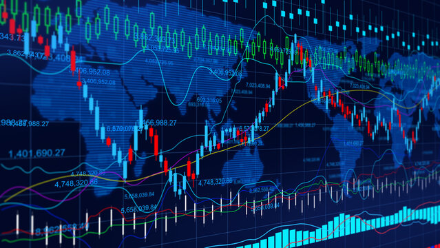 Global world stock market exchange trading financial growth strategy, economic volatility analysis, business investment, candlestick chart, and futuristic cyberspace wealth concept