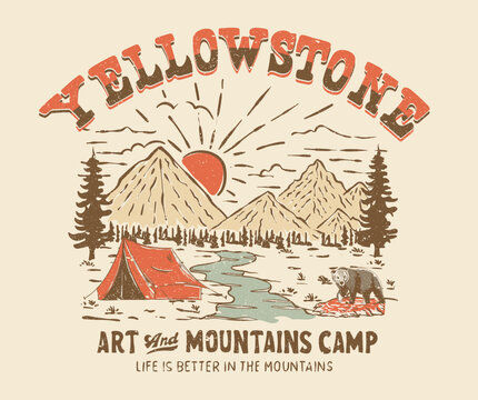 Yellowstone retro t shirt design. The great outdoor. Mountain adventure vintage print design for t shirt and others. Yellowstone National park graphic artwork for sticker, poster, background.