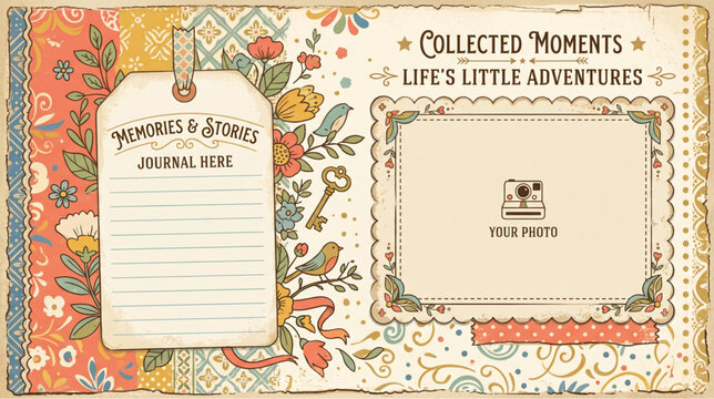 An elegant vector template for a vintage scrapbook or digital journal layout. Features a decorative journaling tag labeled "Memories & Stories.