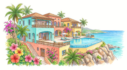 Fototapeta premium Colorful Tropical Beachfront Resort Houses.