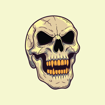 Evil skull with vampire fangs vector illustration in hand drawn comic style with shadows.