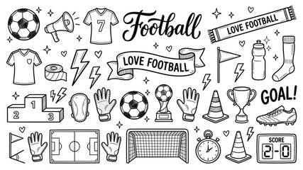 Football soccer doodle icon set vector with ball, jersey, trophy, goal, gloves and sport elements in black and white outline hand drawn style for sticker print design  © Vector Design