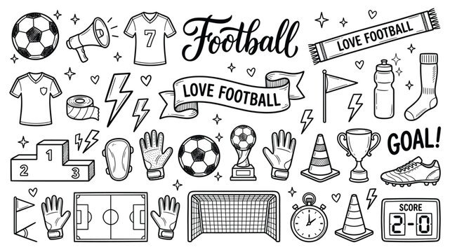 Football soccer doodle icon set vector with ball, jersey, trophy, goal, gloves and sport elements in black and white outline hand drawn style for sticker print design
