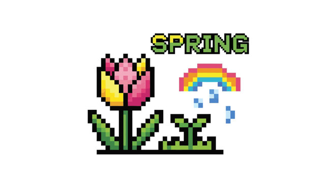 Colorful Pixel Art Tulip Flower.