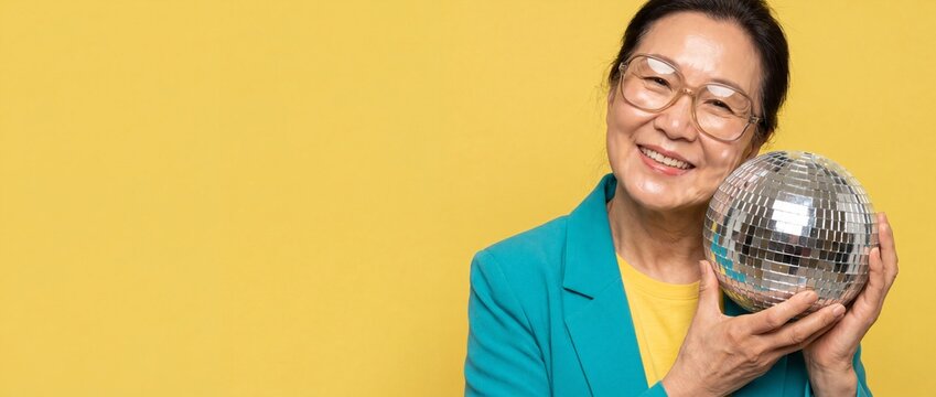 Happy senior Asian woman holding disco ball party on yellow background. Smiling elderly grandmother wearing glasses and teal blazer celebrating with banner copyspace. Energetic retired lifestyle plan.