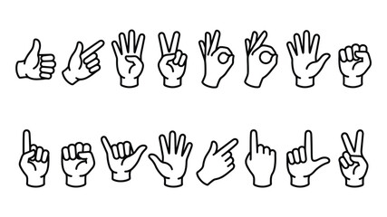 Fototapeta premium Cartoon hand gesture icon set vector with thumbs up, peace, fist, shaka and finger signs in minimal black outline style for emoji sticker and app design 