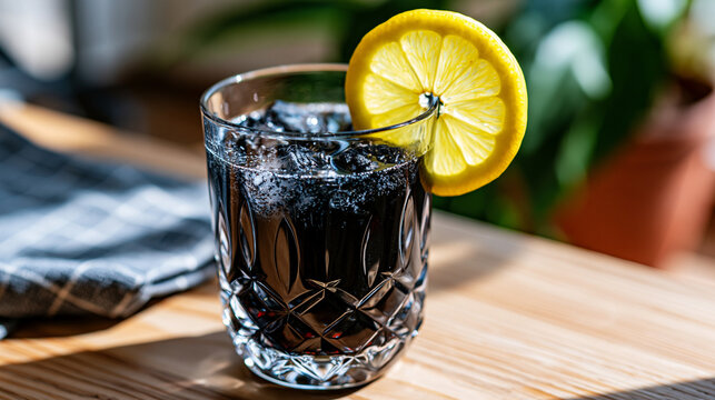 Activated charcoal lemonade in faceted crystal tumbler showing near-opaque suspension with suspended carbon particle micro-clusters, single lemon wheel resting on glass rim, dramatic side lighting c