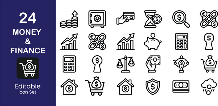 editable line icons for money and finance concepts