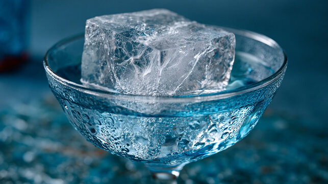 Artisan cocktail ice block carved into perfect rectangular form resting in a coupe glass, sub-zero surface displaying internal nitrogen bubble trails and crystalline fault lines, condensation formin