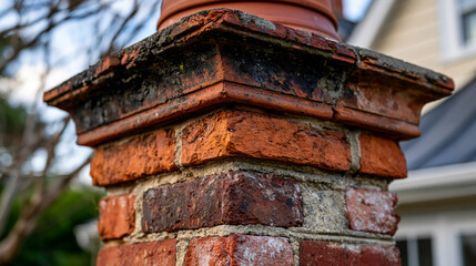 Naklejka premium Brick chimney stack detail Victorian engineering, corbelled cap course overhang, flaunching mortar crown, terracotta pot liner, soot staining below cap, repointing mortar contrast with original bedd