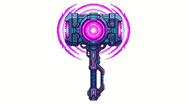 Futuristic robotic device with purple circle.