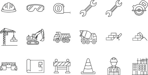 Construction Tools and Heavy Machinery Vector Icon Set Featuring Excavator Crane Dump Truck Helmet Blueprint and Building Elements. © Mst Fateha Begum