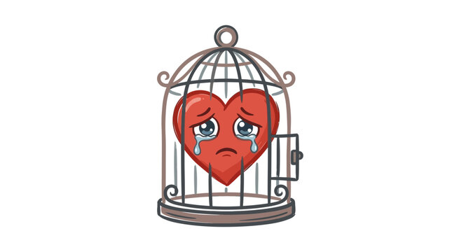 Sad Crying Heart Trapped in Birdcage, Symbolizing Heartbreak and Loneliness