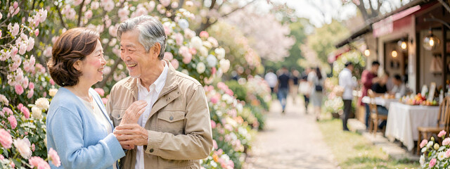 Fototapeta premium さまざまな日常シーンで笑顔を見せるシニア夫婦のワイドバナー