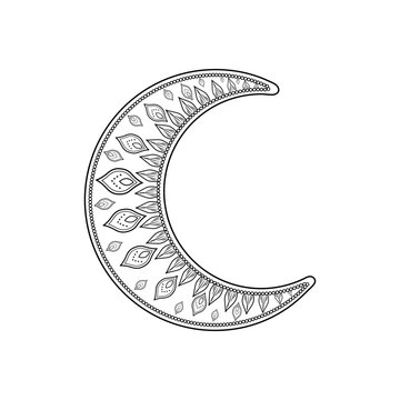 Crescent moon with ornamental doodle pattern. Boho lunar symbol with leaves, zentangle elements. Hand-drawn line art for astrology, spirituality cards, prints and tattoo. Isolated vector illustration.