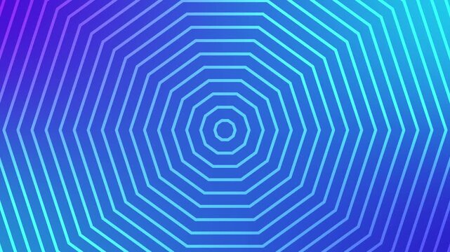 Abstract background motion featuring concentric octagonal shapes expanding from center in rhythmic seamless loop with vibrant purple and cyan gradient color transition effect for digital visual design