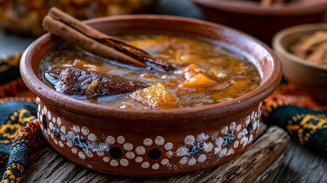 Fermented tepache pineapple rind brew in a clay olla vessel, dried cinnamon quill and piloncillo sugar cone partially dissolved in the fermenting liquid, clay vessel exterior showing salt effloresce