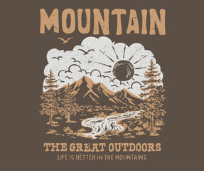 The great outdoor. Mountain camping artwork. Mountain adventure vintage print design for t shirt and others. National park graphic artwork for sticker, poster, background. © riaz